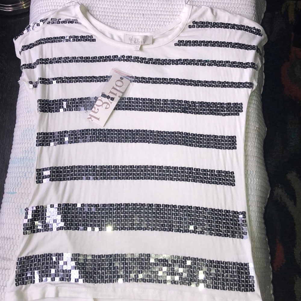 NWT Olive & Oak silver sequin striped ivory top
